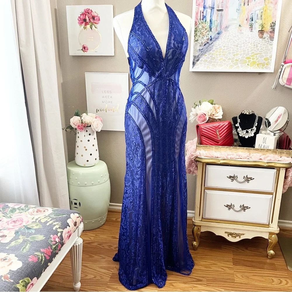 Blue Halter Prom Gown dress size 4 MISSING MANY GEMS - Picture 7 of 14